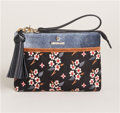 Women's black  floral embroidered on linen top zip wristlet from Spartina.