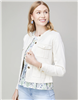 Women's cream button front denim jacket that measures 22 inches from shoulder to hem with four pockets with gold buttons on the front.