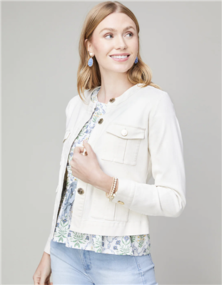 Women's cream button front denim jacket that measures 22 inches from shoulder to hem with four pockets with gold buttons on the front.