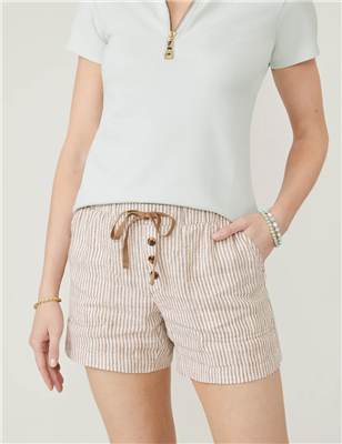 Women's tan and cream striped linen drawstring shorts with 5 inch inseam