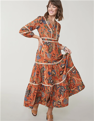 Women's Fall Floral Midi Dress with long sleeves and a v-neck.