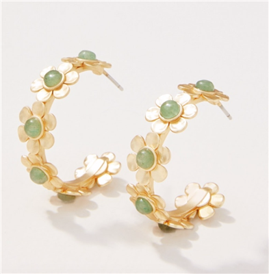 Ladies matte gold flower hoop earrings with green Aventurine stones.