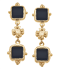 Women'd 2" drop gold earrings with jet black french glass