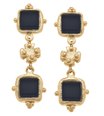 Women'd 2" drop gold earrings with jet black french glass