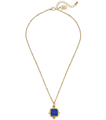 Women's 16" gold chain with blue French glass pendant