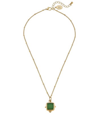 Women's 16" gold chain with green French glass pendant