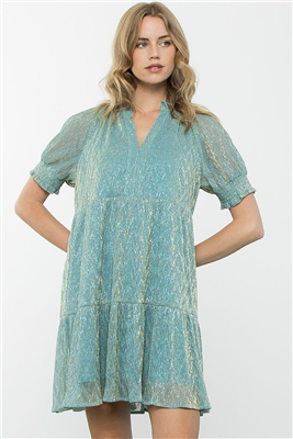 Women's short sleeve metallic teal dress.