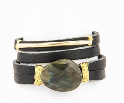 black leather bracelet with wire wrapped labradorite