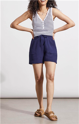 Women's 4 inch navy blue cotton gauze shorts.