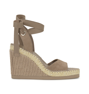 Women's 4 inch wedge with 1 inch heel in taupe suede with rope heel