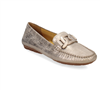 Women's metallic opal glove leather driving moccasins with chain detail on top and rubber bottom.