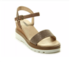 Taupe suede platform sandal with gold trim detail and a 2.75 inch grooved rubber sole.