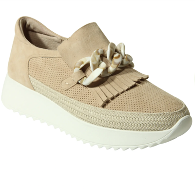 Women's nude suede slip on platform sneaker with fringe detail and nude resin chain across the top
