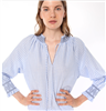 Women's blue and white gingham long sleeve top with navy stitching on the collar and cuffs.