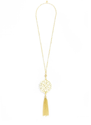 36 inch chain necklace with cream resin cutout pendant with gold hardware