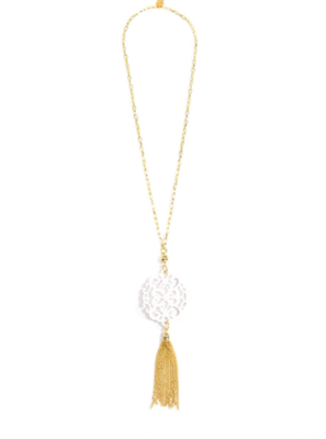 36 inch chain necklace with white resin cutout pendant with gold hardware