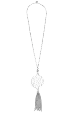 36 inch chain necklace with white resin cutout pendant with silver hardware