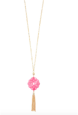 36 inch chain necklace with neon pink resin cutout pendant with gold hardware