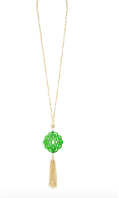 36 inch chain necklace with green resin cutout pendant with gold hardware