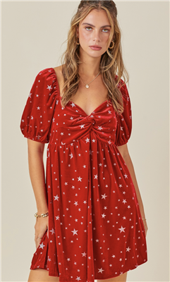 Short red velvet dress with metallic silver stars