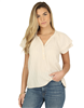 Women's cream lobby weave short sleeve 5 button front top.