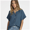 Women's pacific blue cotton ragland button front shirt.