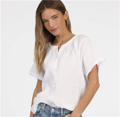 Women's white cotton ragland button front shirt.
