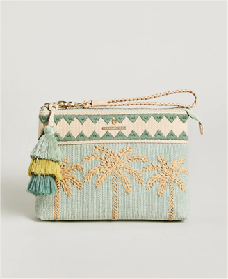 Women's mint green jute top zip wristlet with embroidered palm trees on the front.