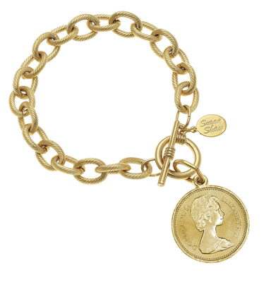 Gold chain bracelet with Queen Elizabeth coin.