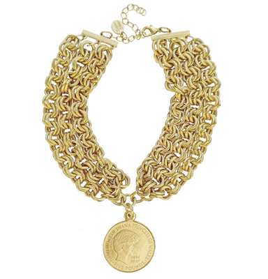 Women's gold 3 strand chain choker necklace with Princess Diana Coin from Susan Shaw. Triple gold plated, made in Texas.