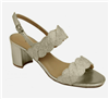 Ladies gold woven accented upper sandal with a 2.5 inch covered block heel.