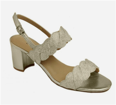 Ladies gold woven accented upper sandal with a 2.5 inch covered block heel.