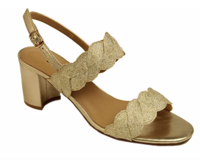 Ladies gold woven accented upper sandal with a 2.5 inch covered block heel.