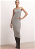 Women's fitted yarn knit black and cream stripe halter dress in midi length.