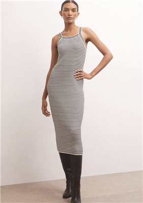 Women's fitted yarn knit black and cream stripe halter dress in midi length.