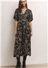 Women's black batik floral dress with high waist cutout, short flutter sleeve and midi length .