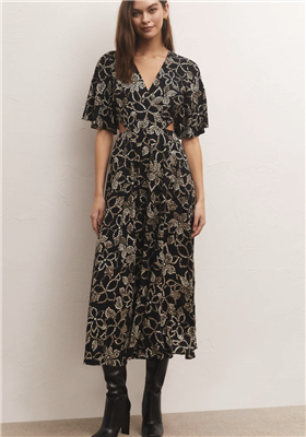 Women's black batik floral dress with high waist cutout, short flutter sleeve and midi length .