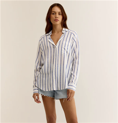 Blue and White Long Sleeve Linen Button Front Shirt