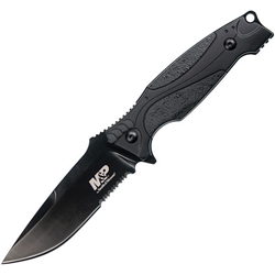 Smith & Wesson M2.0 M&P Thin Fixed Blade Knife 4.125" Black Combo Blade, Black Rubber Overmold Handles, Polymer Sheath