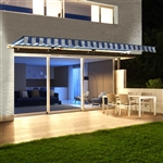 Half Cassette Motorized Retractable LED Luxury Patio Awning - 3.6 x 3 Meters (12 x 10 Feet) - Blue and White Stripes - ALEKO