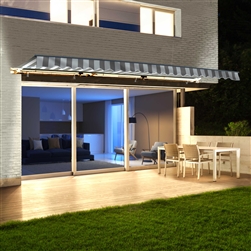 Half Cassette Motorized Retractable LED Luxury Patio Awning - 3.9 x 3 Meters (13 x 10 Feet) - Grey and White Stripes - ALEKO