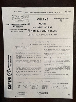 Official Carter Carburetor Form 4960B: Specifications and Parts Listing Model YS950S used on M38A1 (G758)