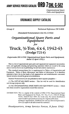 ORD 7-G502 Tools & Equipment for WW2 Dodge 3/4 Ton Trucks