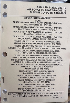 TM 9-2320-280-10 Operator Manual for M998 HMMWV "Hummer"