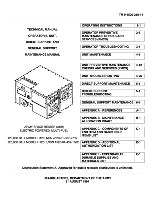 TM-9-4520-258-14 Operator and Organizational Maintenance for Multi-Fuel Space Heater H120