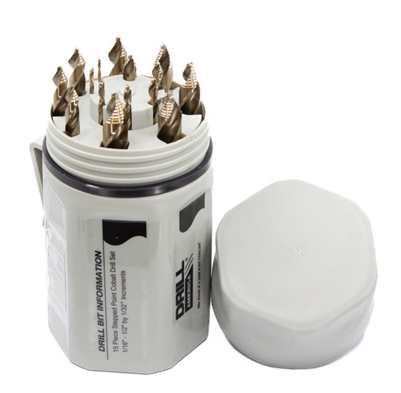 Drill America 1/16 - 1/2 Cobalt Stepped Drill Bit Cooler, No Step Point - 15 Pieces
