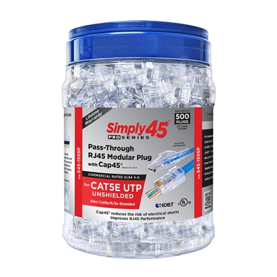 Simply45 ProSeries Cat5e Unshielded Pass-Through RJ45 Modular Plugs with Cap45 - 500 Piece Jar - S45-1505P