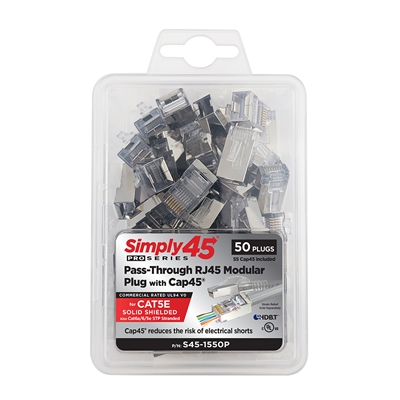 Simply45 Cat5e Solid Shielded Pass-Through RJ45 Modular Plugs with Cap45 - 50 Piece Clamshell - S45-1550P