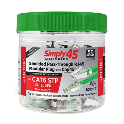 Simply45 ProSeries Cat6 Shielded External Ground Pass-Through RJ45 Modular Plugs with Cap45 - 50 Piece Jar - S45-1650P