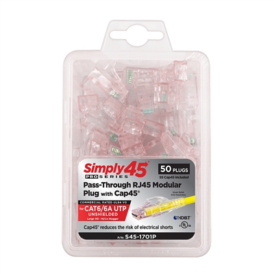 Simply45 ProSeries Cat6/6a Pass-Through RJ45 Modular Plugs with Cap45 - 50 Piece Clamshell - S45-1701P